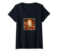 Mujer Cottagecore - Flores Fantasmas de otoño con Luna Llena de Cosecha Camiseta Cuello V
