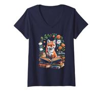 Mujer Cottagecore Fox Stay Clever Book Club Bibliotecario Lectura Camiseta Cuello V