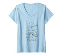 Mujer Cottagecore Frog Playing Banjo on Mushroom Aesthetic Camiseta Cuello V
