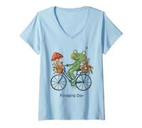 Mujer Cottagecore Frog Riding Bicycle Foraging Day Fresa Camiseta Cuello V