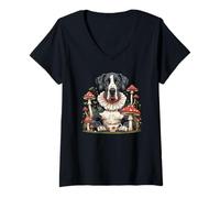 Mujer Cottagecore Gran Danés Perro Bebiendo Té Champiñones Fantasía Camiseta Cuello V