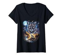 Mujer Cougar Cat Aullando en el Arte Vintage de la Luna Camiseta Cuello V