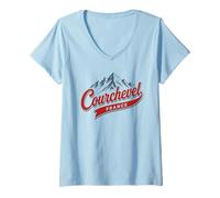 Mujer Courchevel France Estación de esquí Montaña Retro Gráfico Camiseta Cuello V