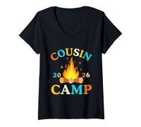 Mujer Cousin Camp 2026 Retro Campfire Family Camping Vacation Crew Camiseta Cuello V