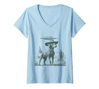 Mujer Cowboy Dog OVNI Alien Secuestro Divertido Desierto Occidental Escena Camiseta Cuello V