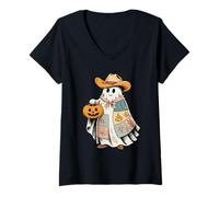Mujer Cowboy Ghost Pumpkin Halloween Patchwork Cowboy Costume Camiseta Cuello V