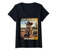Mujer Cowboy Kitty How The West Was Funny Western Cat Tee Camiseta Cuello V