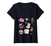 Mujer Cowgirl Pinup Art Martini, Botas de Vaquero, Lazos, Cartas de Juego Camiseta Cuello V