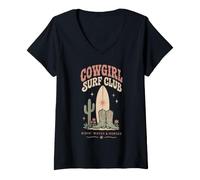 Mujer Cowgirl Surf Club Western Surfing Rodeo Playa Cactus Camiseta Cuello V