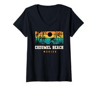Mujer Cozumel Beach México Retro Atardecer Palmera Tropical Beach Vibes Camiseta Cuello V
