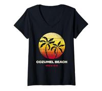 Mujer Cozumel Beach México Retro Palm Sunset Tropical Beach Vibes Camiseta Cuello V