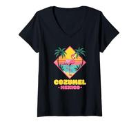 Mujer Cozumel México Souvenir Vacaciones Viajes Hombres Mujeres Flamingo Camiseta Cuello V