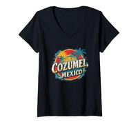 Mujer Cozumel México Vacaciones Playa Atardecer Palmera Vintage Camiseta Cuello V