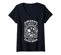 Mujer Cozy Bear Reading Hibernate con un diseño de Libro Camiseta Cuello V