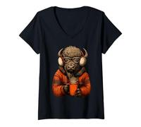 Mujer Cozy Bison con Gafas de Sol Orejeras Animal Funny Coffee Camiseta Cuello V