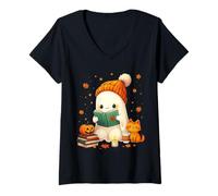 Mujer Cozy Ghost Bookworm Cat Pumpkin Books, Lindos Libros para Halloween Camiseta Cuello V