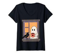 Mujer Cozy Ghost Coffee Crow Window Halloween Spooky Season Camiseta Cuello V