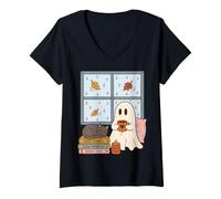 Mujer Cozy Ghost Rainy Day Reading Cat Coffee Lover Halloween Camiseta Cuello V