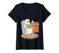 Mujer Cozy Ghost Reading Book Fireplace Bunny Slippers Camiseta Cuello V