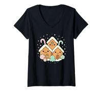 Mujer Cozy Gingerbread Houses Kawaii Funny Christmas Disfraz de Navidad Camiseta Cuello V