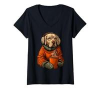 Mujer Cozy Labrador Retriever con Gafas Orejeras Funny Dog Camiseta Cuello V