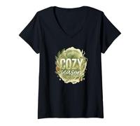 Mujer Cozy Season Watercolor Evergreen Wreath with Mug Camiseta Cuello V