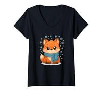 Mujer Cozy Snow Season Cute Kawaii Winter Fox with Scarf Camiseta Cuello V