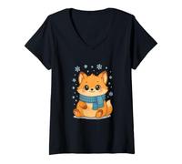 Mujer Cozy Snow Season Cute Kawaii Winter Fox with Scarf Camiseta Cuello V