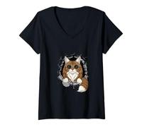 Mujer Cracked Wall Norwegian Forest Cat Sunglasses Wegies Camiseta Cuello V