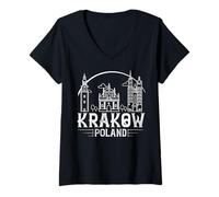 Mujer Cracovia Polonia Ciudad Skyline Mapa de Viajes Camiseta Cuello V