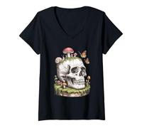 Mujer Cráneo con Setas Caracol Y Mariposas Gótico Naturecore Camiseta Cuello V