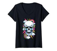 Mujer Cráneo de Nube arcoíris con Ojos Verdes Arte Surrealista Camiseta Cuello V