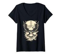 Mujer Cráneo gótico Cruz Arte Alas Grunge Punk Y2K EMO Estética Camiseta Cuello V