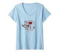 Mujer Cráneo, Mariposa monarca, abejorro y Flor roja higan Camiseta Cuello V