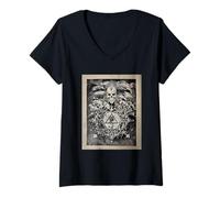 Mujer Cráneo Oculto Cuervo Serpiente Sigilo Blanco y Negro Gótico Camiseta Cuello V