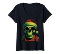 Mujer Cráneo Punk con Gafas de Sol, Sombrero de Papá Noel, gótico, de Camiseta Cuello V