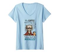 Mujer Cranky Cat Coffee No Miracles Humor matutino Camiseta Cuello V