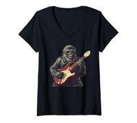 Mujer Crazy Bigfoot con gafas de sol y traje de guitarra eléctrica Camiseta Cuello V