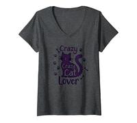 Mujer Crazy Cat Lover: Regalo Divertido para entusiastas felinos Camiseta Cuello V, Jaspeado Oscuro, M