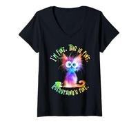 Mujer Crazy Coffee Lover Cat, está bien, estoy bien, todo está Camiseta Cuello V