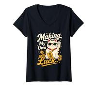 Mujer Creando Mi Propia Suerte - Gato de la Fortuna Camiseta Cuello V