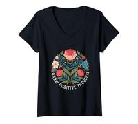 Mujer Crecer Pensamientos positivos | Inspirando la Salud Mental Floral Camiseta Cuello V