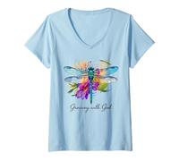Mujer Creciendo con Dios Floral Dragonfly Christian Camiseta Cuello V