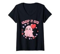 Mujer Creep It Cute Kawaii Ghost Divertido Halloween Día de San Valentín Camiseta Cuello V