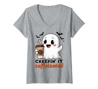 Mujer Creepin' It Caffeinated Halloween Ghost Camiseta Cuello V