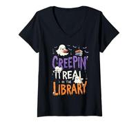 Mujer Creepin It Real in The Library, Divertido Halloween en Forma de ratón de Biblioteca Camiseta Cuello V