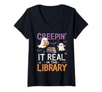 Mujer Creepin It Real in The Library: Espeluznante Amante de los Libros de Halloween Camiseta Cuello V