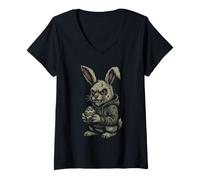 Mujer Creepy Bunny Rabbit Funny Zombie Egg Hunter Pascua Halloween Camiseta Cuello V