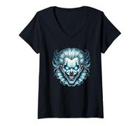 Mujer Creepy Evil Payaso Brillante Ojos Azules Camiseta Cuello V