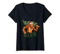 Mujer Creer Santa Claus Sasquatch Pie Grande Divertido Meme De Navidad Camiseta Cuello V